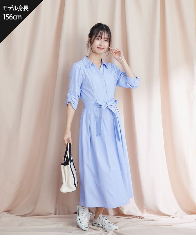 Tiaclasse 【洗える】シャツワンピース サックスストライプ