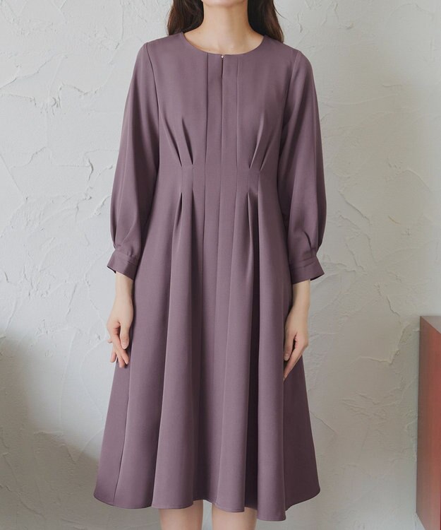 Tiaclasse 【洗える】ビジュー付きフロント切替タックワンピース プラム