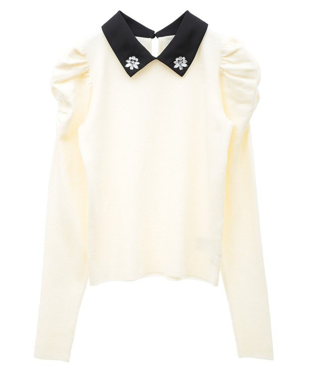 earth music&ecology 襟ビジュー付きニットプルオーバー Ivory