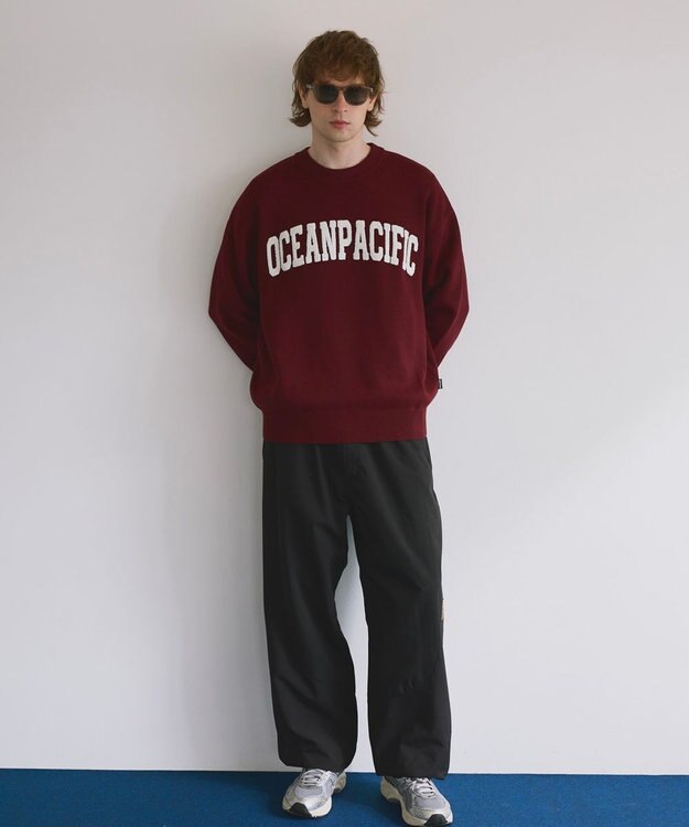 OP／FILA 【ocean pacific】サガラ刺しゅうロゴクルーニット/メンズ ワインレッド