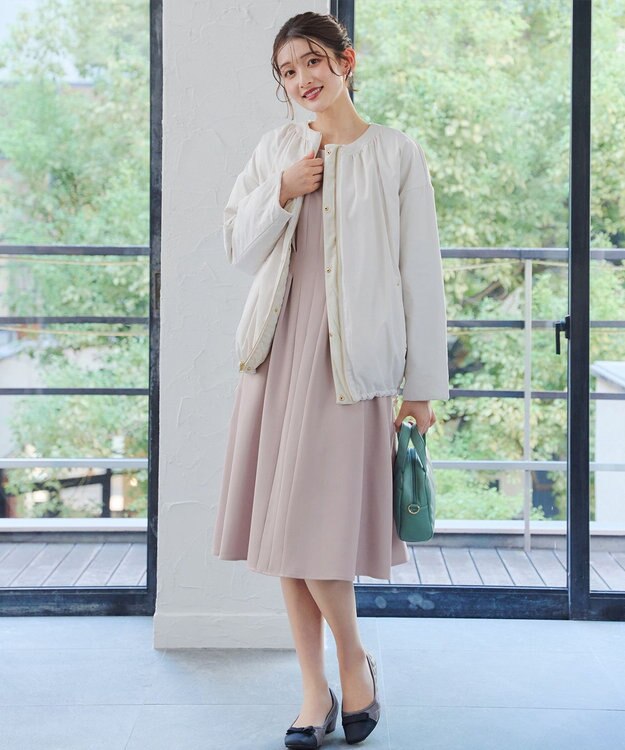 Tiaclasse 【洗える】ビジュー付きフロント切替タックワンピース グレージュ