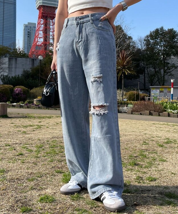 WEGO ダメージレギュラーデニム デニム淡色