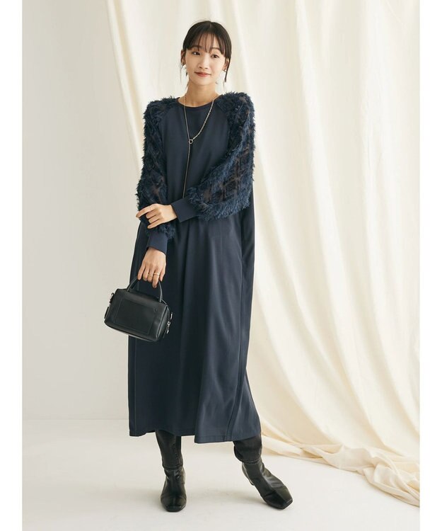 CRAFT STANDARD BOUTIQUE 袖ジャガードラグランワンピース Navy