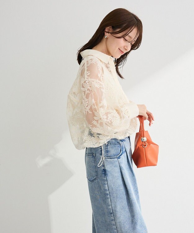 Green Parks オーガン刺繍比翼シャツ Ecru