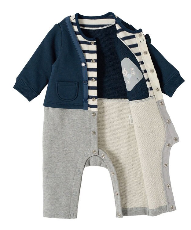 MIKI HOUSE HOT BISCUITS 【70-80cm】カーディガン重ね着風 カバーオール 紺