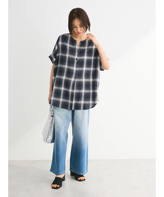 Green Parks リネンレーヨン前立てブラウス Check