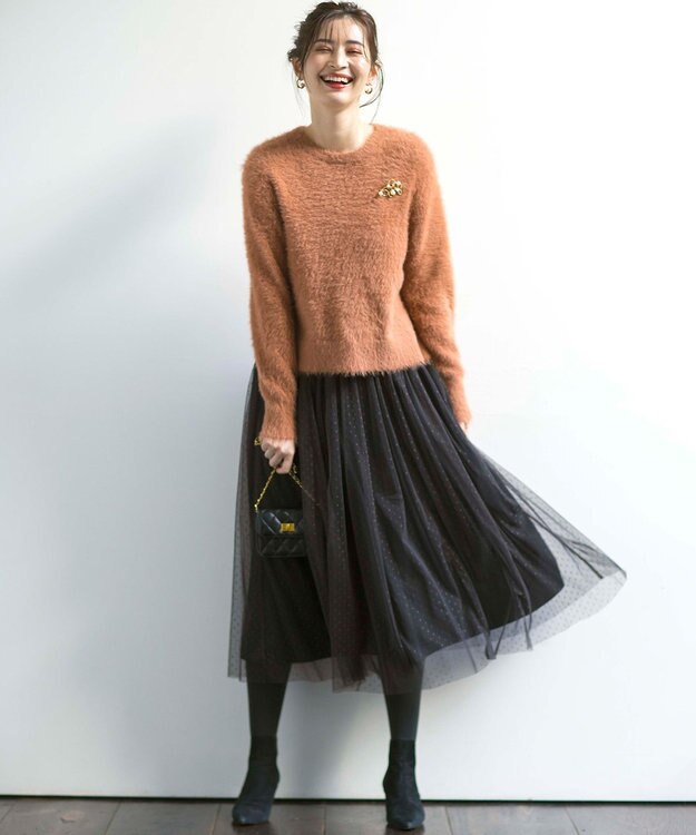 組曲 L 【前後着用可】2WAYナイロンファー ニット オレンジ系