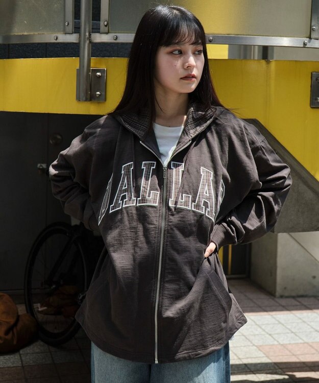WEGO 【ユニセックス着用ITEM/MLサイズ展開】スラブチェックロゴジップパーカー ブラック中濃色