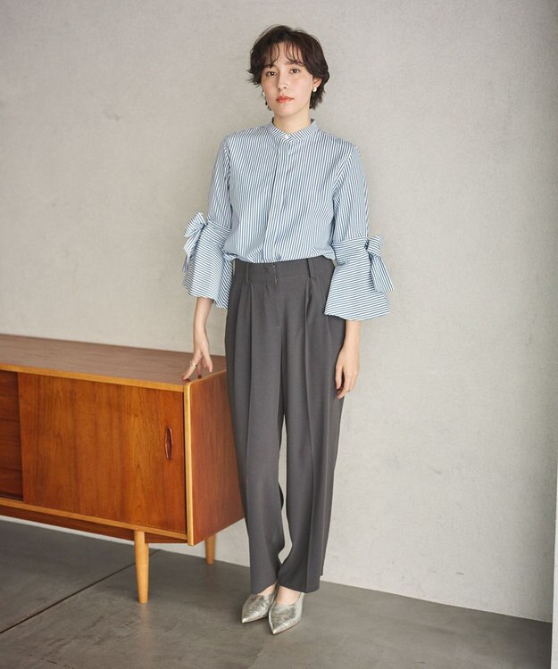 #Newans 【洗濯機可能/シワになりにくい】リボンカフスブラウス ネイビーストライプ