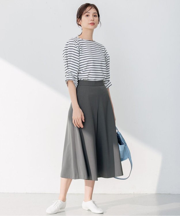 組曲 L 【洗える】プレーティング天竺タックスリーブボーダー カットソー ブラック系1