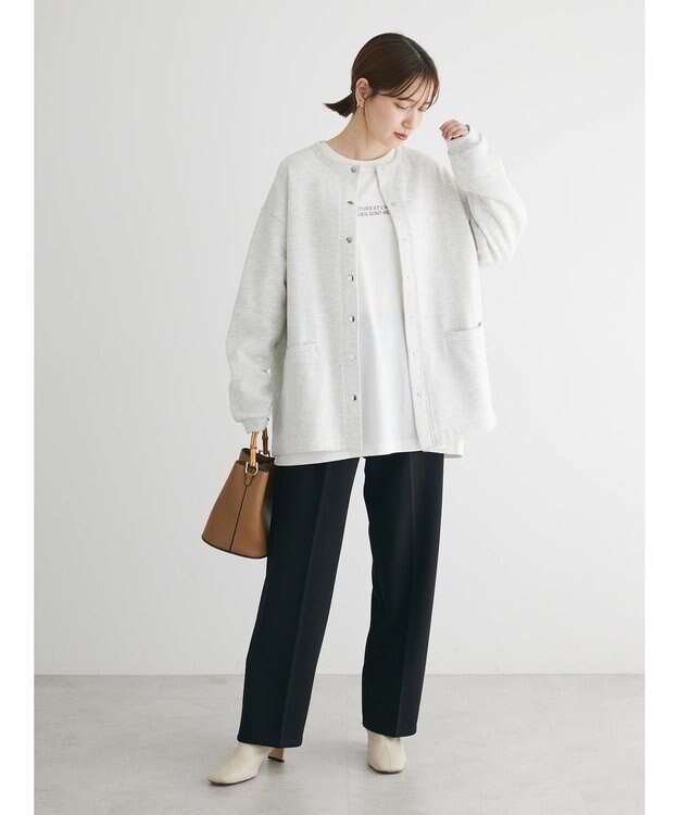 Green Parks 裏起毛ミディ丈ドットボタンカーディガン Gray Mixture