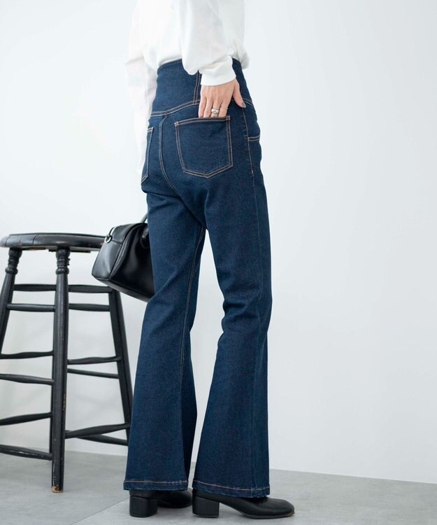 WEGO ハイウエストストレッチフレアデニムパンツ デニム濃色