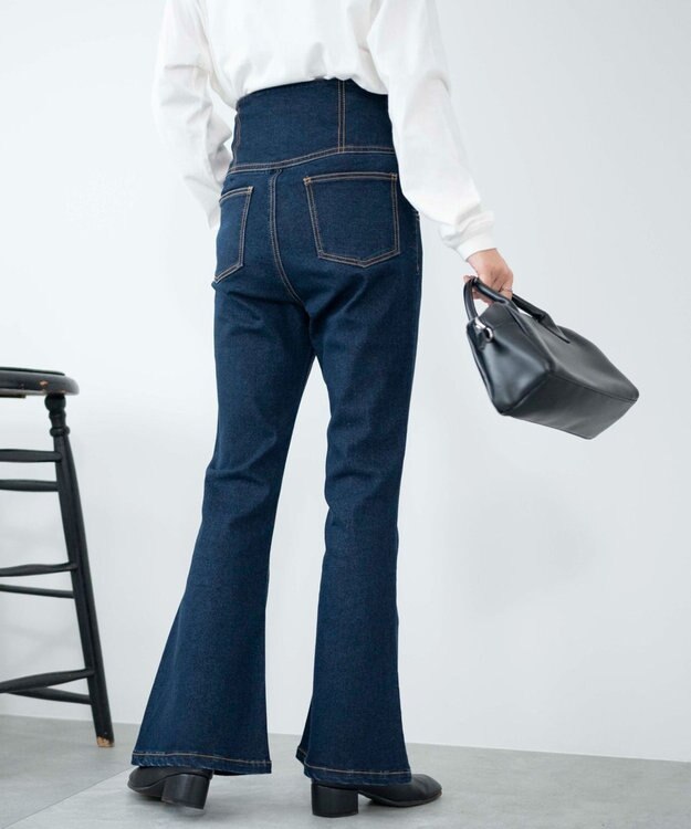 WEGO ハイウエストストレッチフレアデニムパンツ デニム濃色