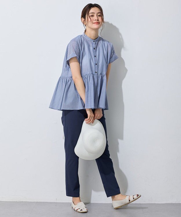 ANY L 半袖ティアードブラウス ネイビー×ストライプ