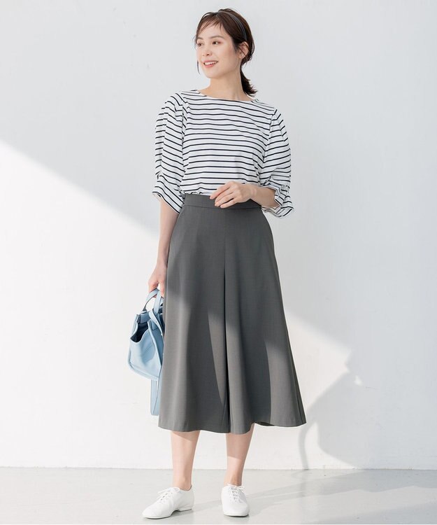 組曲 L 【洗える】プレーティング天竺タックスリーブボーダー カットソー ブラック系1