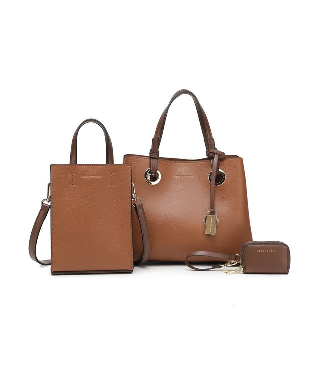 style code 【MERCURYDUO/マーキュリーデュオ】限定3点セット　①キーリング付両アオリハンドバッグ、②縦長ショルダーバッグパスポート入れ、③Wファスナースマートキーケース キャメル