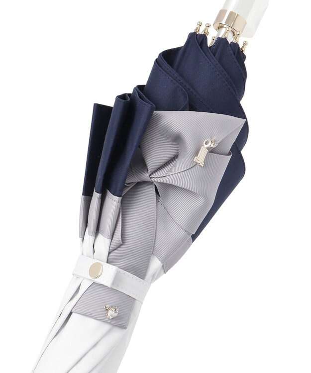 新品タグ付☆ランバンオンブルー☆リボン晴雨兼用折り畳み日傘 切り継ぎ×ビジューリボンが可愛らしいLANVIN en Bleu (ランバン オン