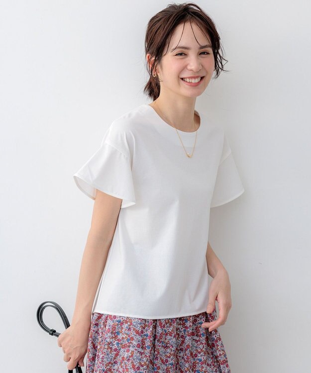 組曲 【WEB限定】プレーティング天竺フリルスリーブ Tシャツ アイボリー系