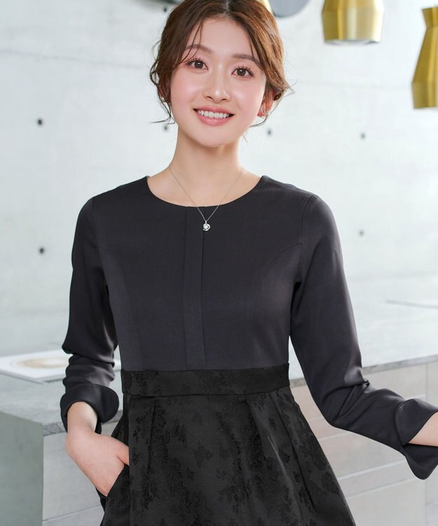 Tiaclasse フラワージャガードドッキングワンピース チャコールグレー×ブラック