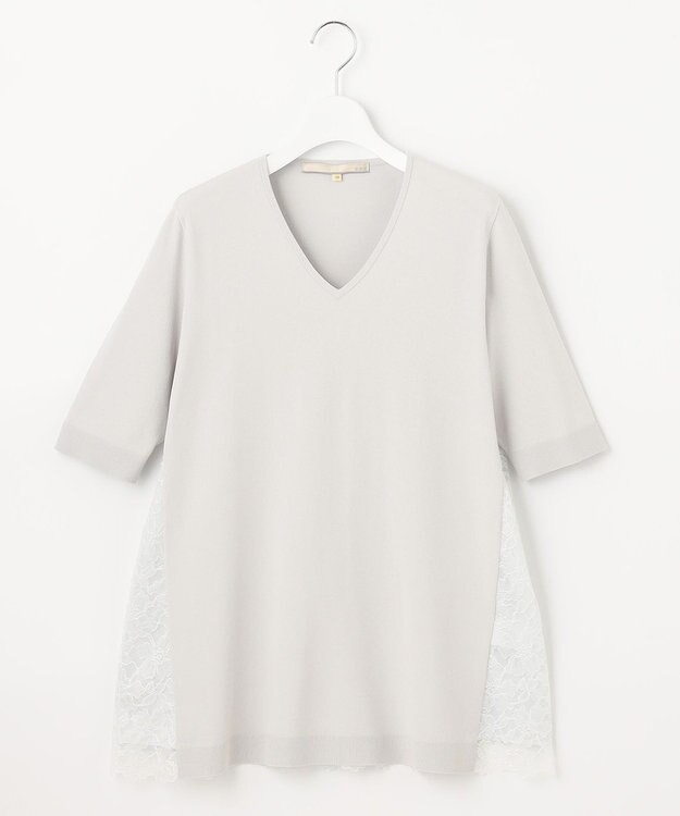 自由区 【洗える】クレープストレッチ バックレース ニット ライトグレー系
