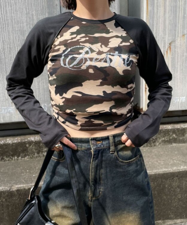 WEGO ラインストーンサイドドロストラグランロンT 柄1