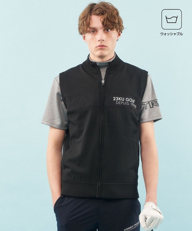 23区GOLF 【MEN】【ウォッシャブル】ジップアップ ニットベスト ブラック系