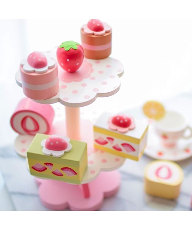 Mother garden マザーガーデン 木のおままごと  《野いちご ティーパーティーセット》プレミアムケーキセット 白～オフホワイト