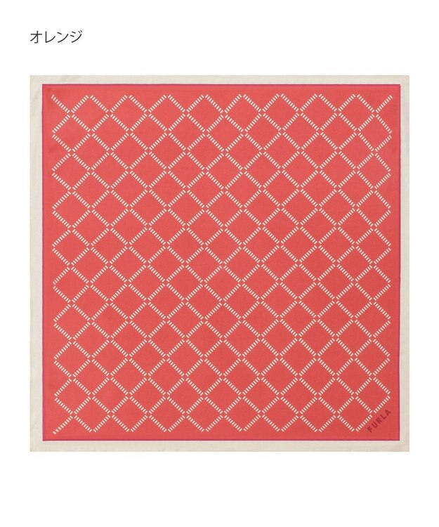 MOONBAT 【シルク100%】FURLA (フルラ) ダイアゴナルチェック 格子柄 シルクプリントスカーフ 58cm×58cm UV対策 手洗い可能 オレンジ