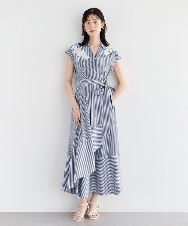 YECCA VECCA フラワーレースカシュクールワンピース Stripe