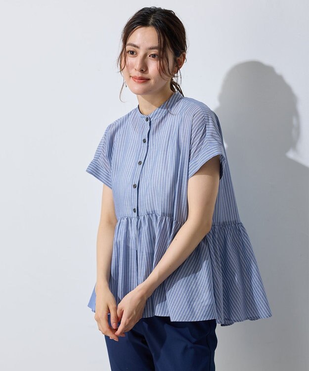 ANY 半袖ティアードブラウス ネイビー×ストライプ