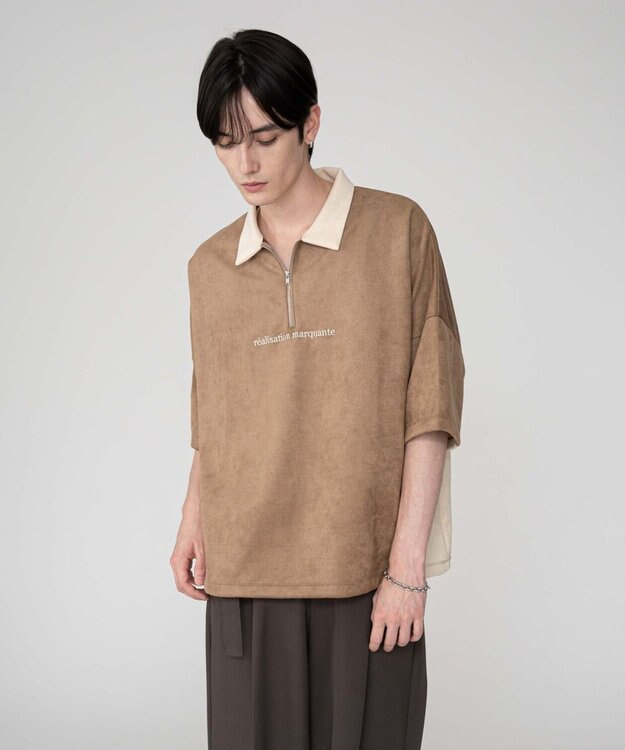 WEGO 【ユニセックス着用ITEM/MLサイズ展開】フェイクスウェードドルマンハーフZIPT（SS） ブラウン