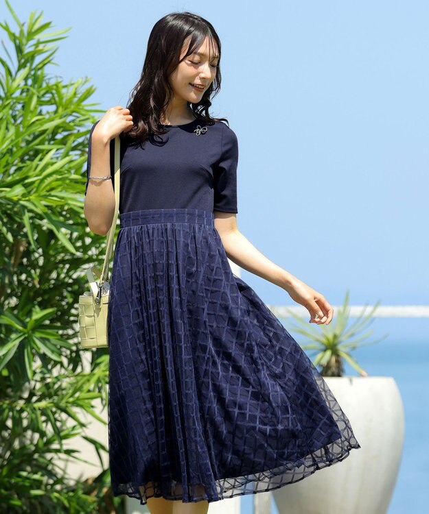 Tiaclasse 【洗える】異素材ドッキングワンピース ネイビー