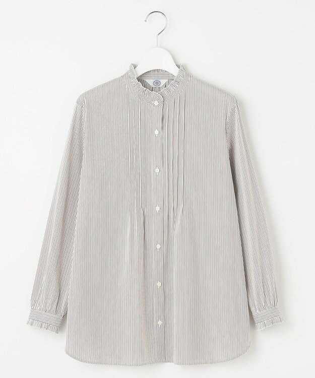 J.PRESS LADIES 【洗える】BEZ C/Ny ドビーストライプ フリルネック ブラウス グレー系1