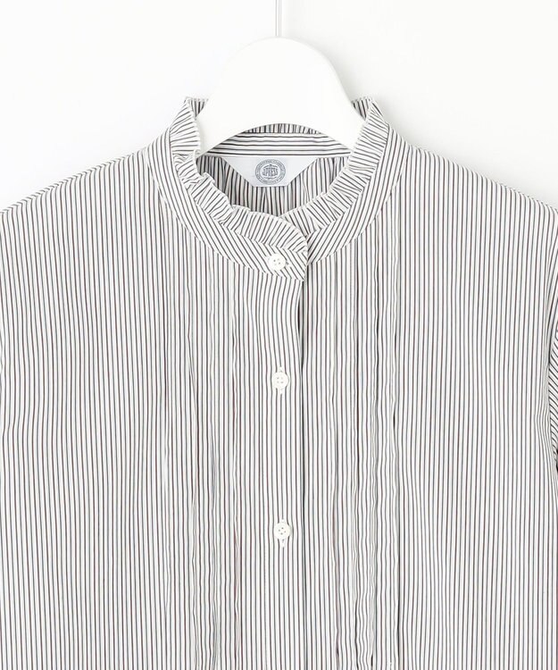 J.PRESS LADIES 【洗える】BEZ C/Ny ドビーストライプ フリルネック ブラウス ネイビー系1