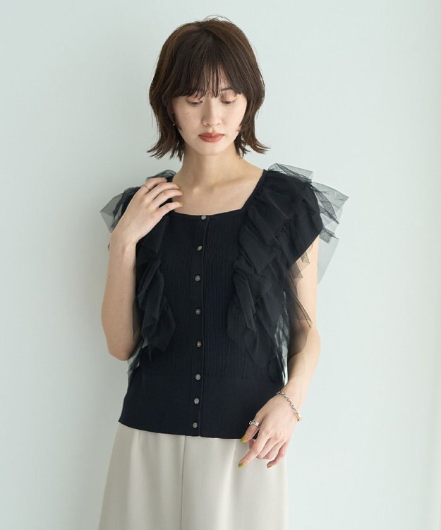 YECCA VECCA チュールラッフルノースリーブカーディガン Black
