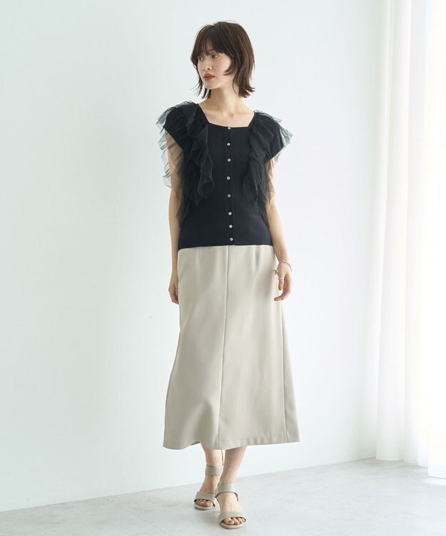 YECCA VECCA チュールラッフルノースリーブカーディガン Black