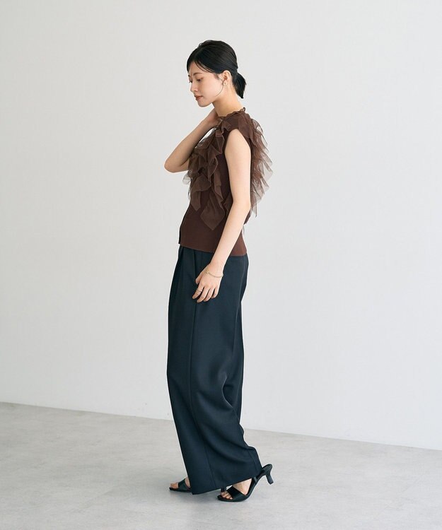 YECCA VECCA チュールラッフルノースリーブカーディガン Brown