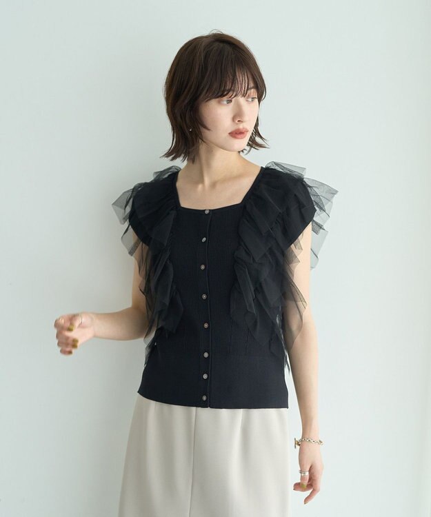 YECCA VECCA チュールラッフルノースリーブカーディガン Black