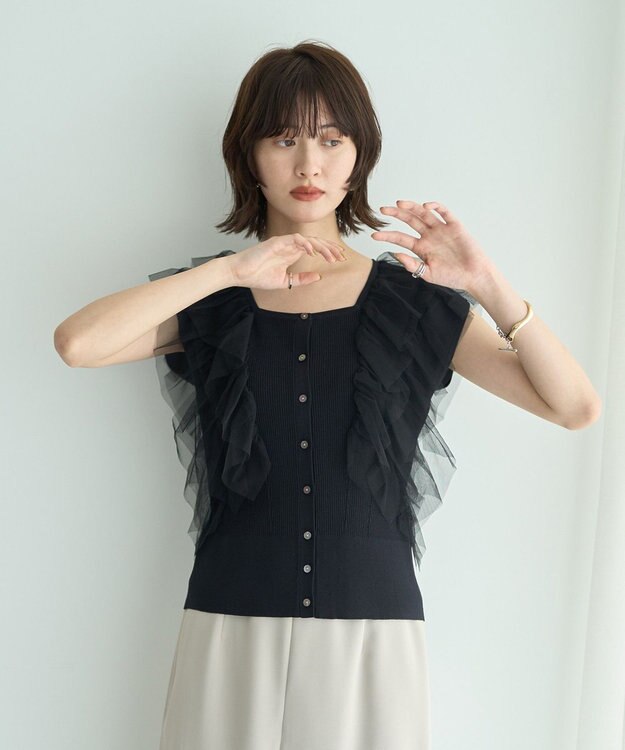 YECCA VECCA チュールラッフルノースリーブカーディガン Black