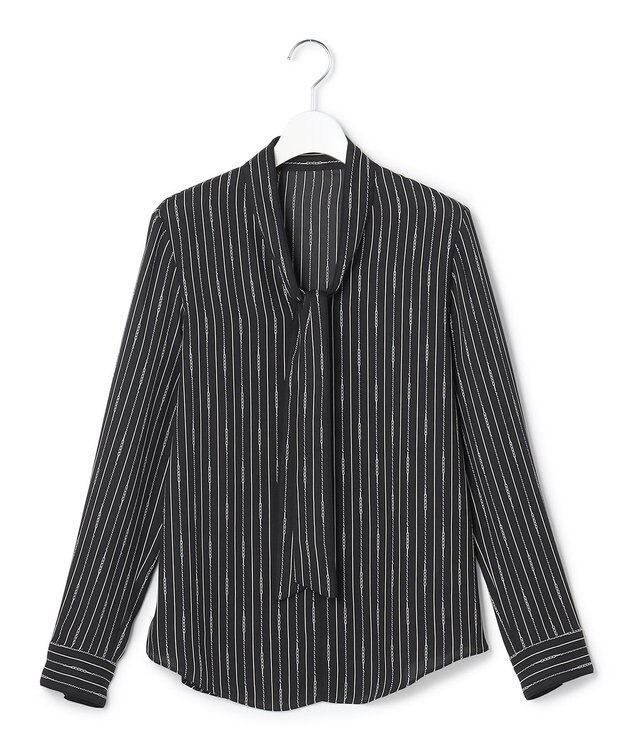 ICB L 【新色追加】BackSatinAmunzen 配色ボウタイブラウス ブラックベース×ストライプチェーン柄