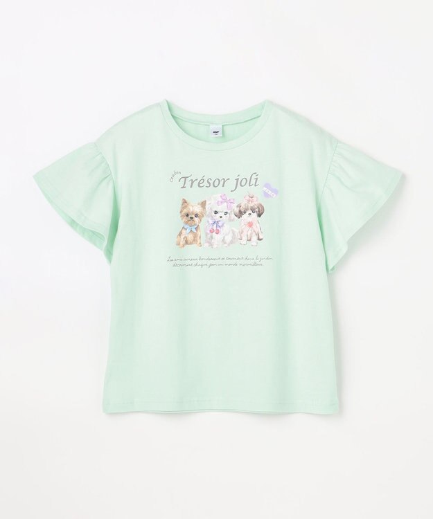 ANY KIDS 【綿100%】ドロップショルダー アニマルプリントTシャツ ミント×イヌ