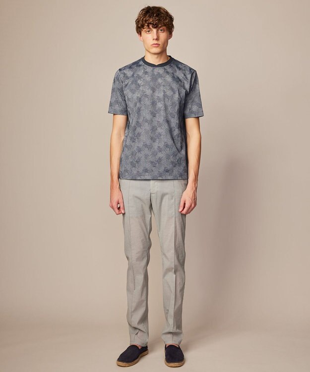 JOSEPH ABBOUD 【キングサイズ・吸水速乾】リーフ柄ジャガード クルーネック Tシャツ ダルブルー系