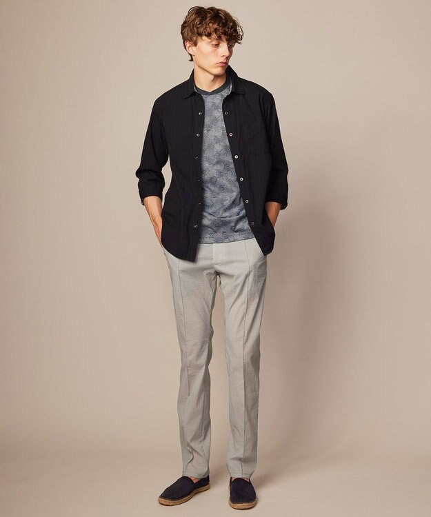 JOSEPH ABBOUD 【キングサイズ・吸水速乾】リーフ柄ジャガード クルーネック Tシャツ ダルブルー系