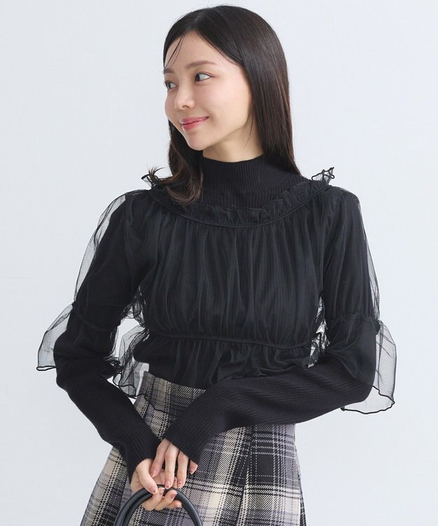 earth music&ecology ＳＥＴ２点リブニットインナー＋チュールプルオーバー Black