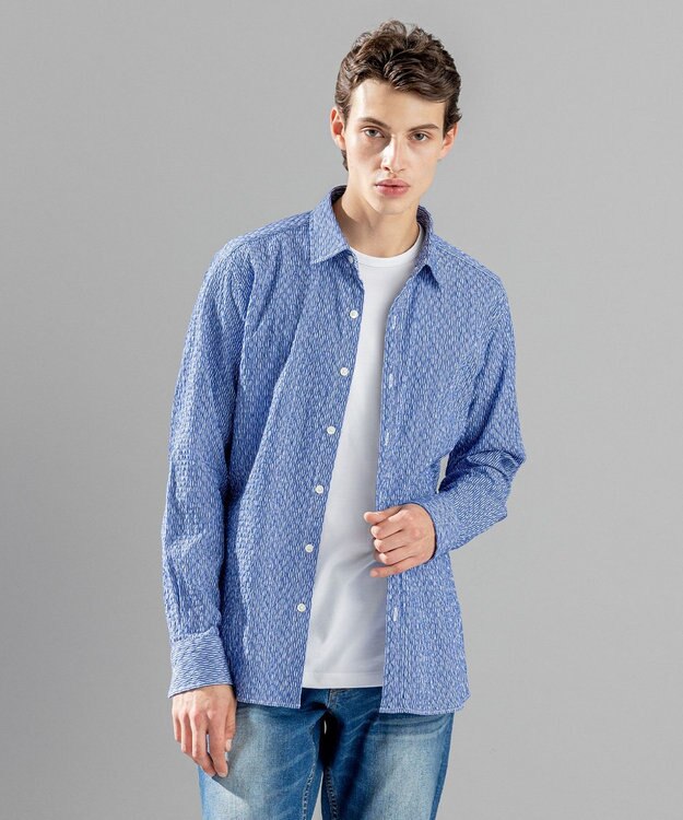 JOSEPH HOMME トライジャガード ストライプ ストレッチ レギュラーカラーシャツ ネイビー系1