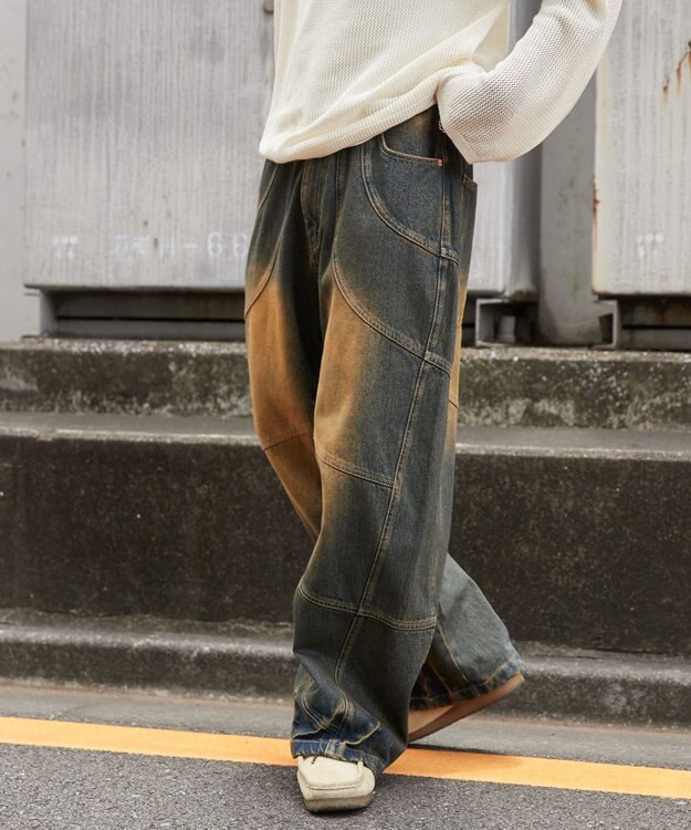 WEGO スーパービッグバレルレッグデニムパンツ デニム中濃加工色