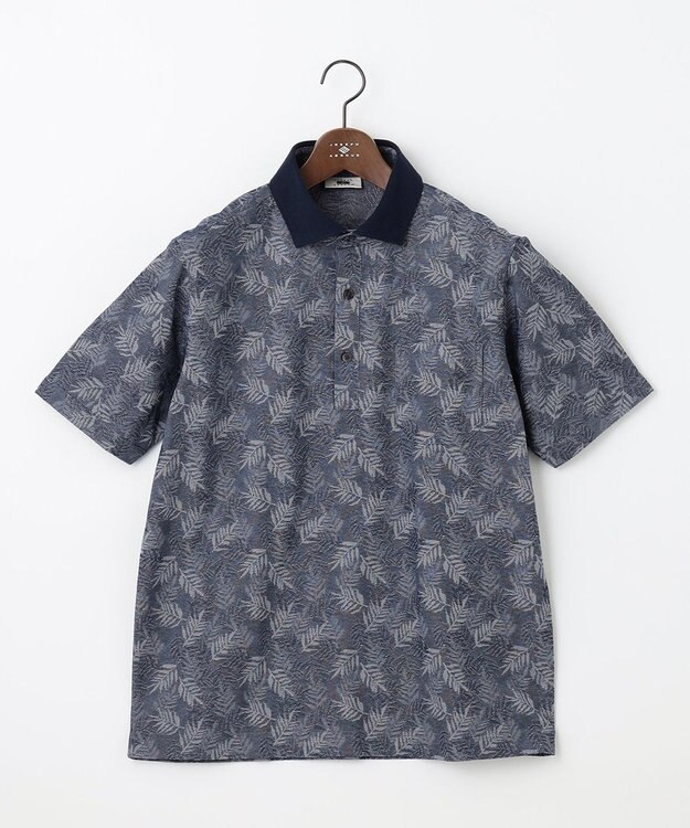 JOSEPH ABBOUD 【吸水速乾】リーフ柄ジャガード 半袖 ポロシャツ ダルブルー系
