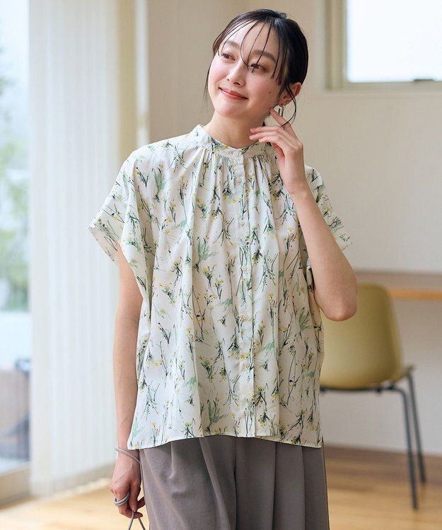 ANY スクエアプリントシャツ オフベース×花柄