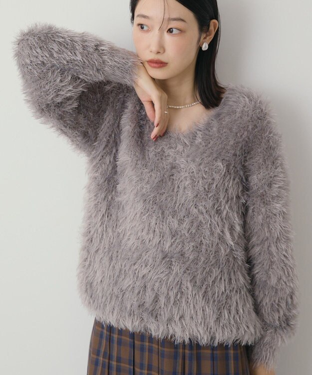 AMERICAN HOLIC Vネックシャギーニットプルオーバー Gray Beige