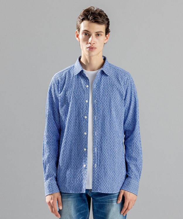 JOSEPH HOMME トライジャガード ストライプ ストレッチ レギュラーカラーシャツ ネイビー系1